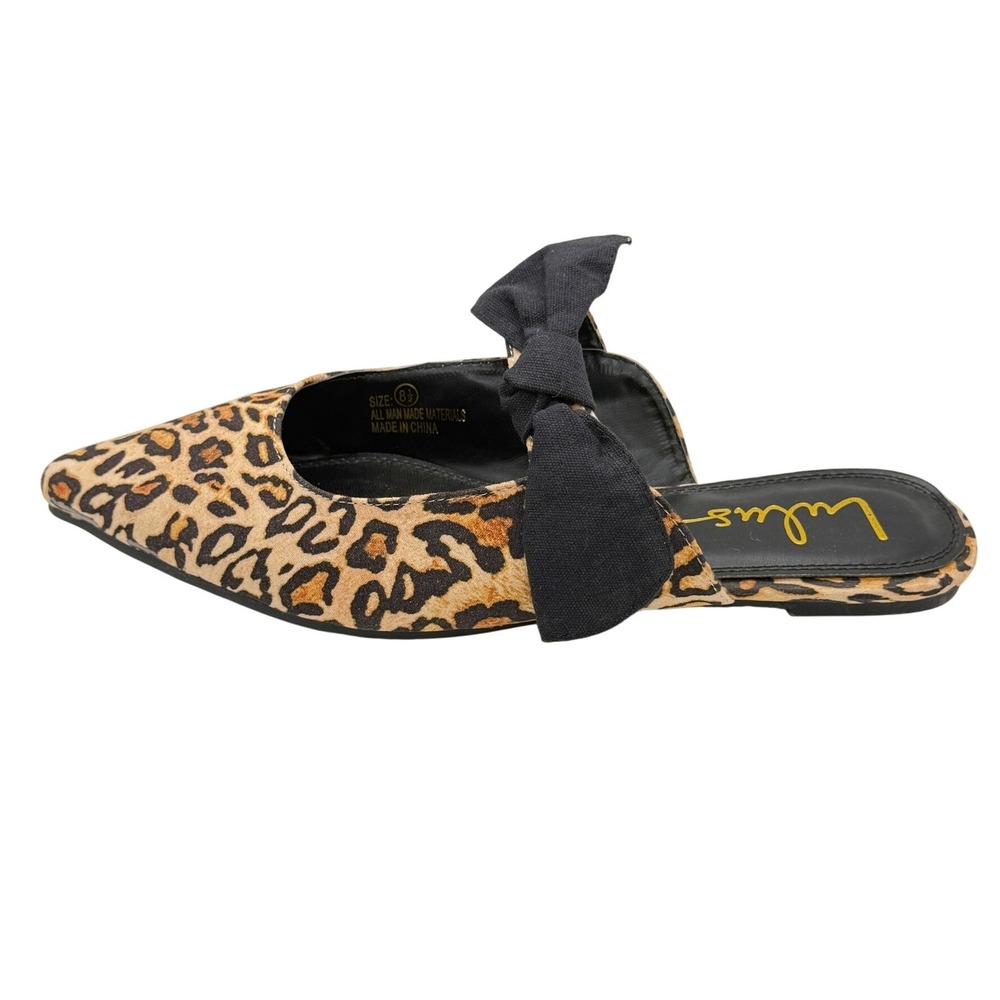 Lulus New Leopard Print Pointed Toe Mule Flats Shoes Black Bow 8.5 Summer Nwot